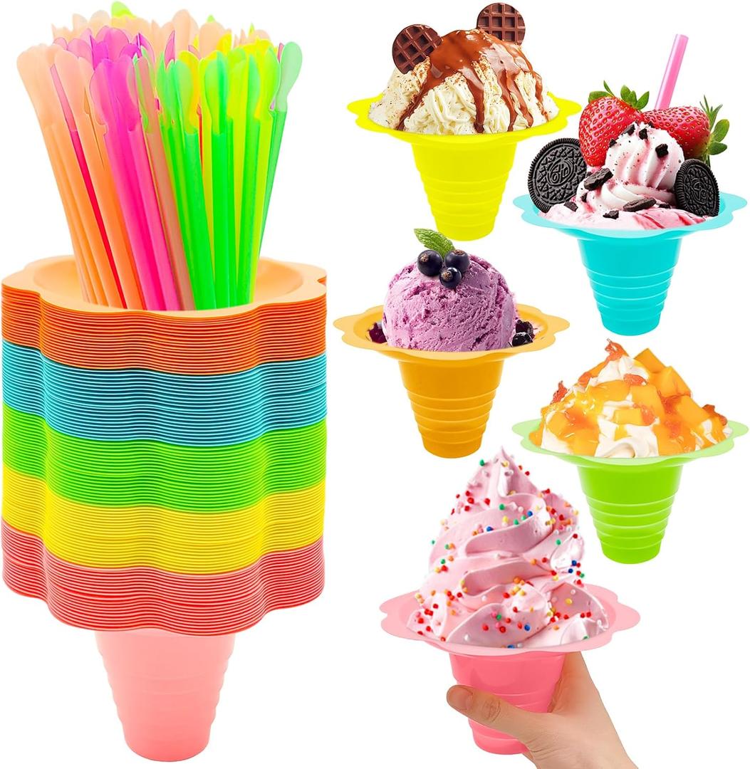 200PCS 8oz Colorful Snow Cone Cups with Spoon Straws,Large Reusable Snack Ice Cream Bowls,Plastic Flower Shaped Shaved Ice Drip Cups for Cookout Food Service Holiday Party Party Summer