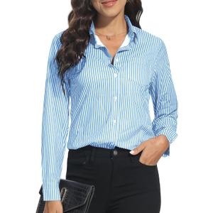 COUXILY Soft Wrinkle-Free Button Down Stretch Shirts for Women, Breathable Moisture-Wicking Casual Work Dress Tops (Large, Light Blue Striped)