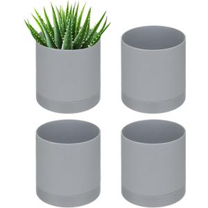 PATIKIL 4 Inch/10cm Plastic Plant Pots, 4 Pack Small Flower Pot Planters with Drainage Holes and Saucer for Home Decor Indoor Plants, Grey (Gray)