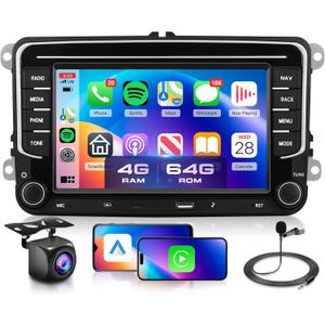 4G+64G Car Radio Stereo for VW Jetta Tiguan Golf Passat MK5 MK6 Seat, 7inch IPS Touch Screen/USB Type-C/Android 15/Wireless CarPlay/Android Auto/DSP/GPS/WiFi/5.0Bluetooth/FM/SWC/AHD Backup Camera