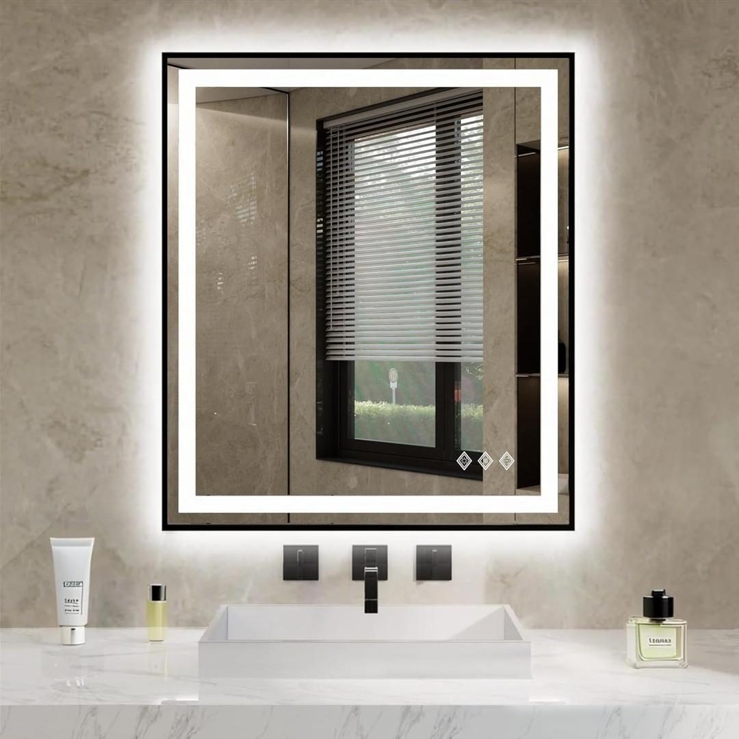 LED Bathroom Mirror, 24x32 Inch Gradient Front and Backlit LED Mirror for Bathroom, 3 Colors Dimmable CRI>90 Double Lights, IP54 Enhanced Anti-Fog, Lighted Mirror