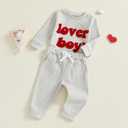Douhoow Baby Valentines Day Outfit Infant Boy Girl My 1st Valentine's Embroidered Waffle Baby Sweatshirt Romper Pants Set (Gray)