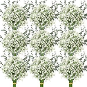 Retrowavy 80 Pcs Babys Breath Artificial Flowers Bulk Babys Breath Flowers Gypsophila Bouquets with Faux Eucalyptus Stems Leaves for Wedding Bouquet Party Filler Home Decor