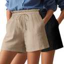 Locoowai 2 Pack Women's Linen Cotton Shorts Casual Drawstring High Waisted Wide Leg Summer Clothing with Pockets(Small, Black, Khaki)