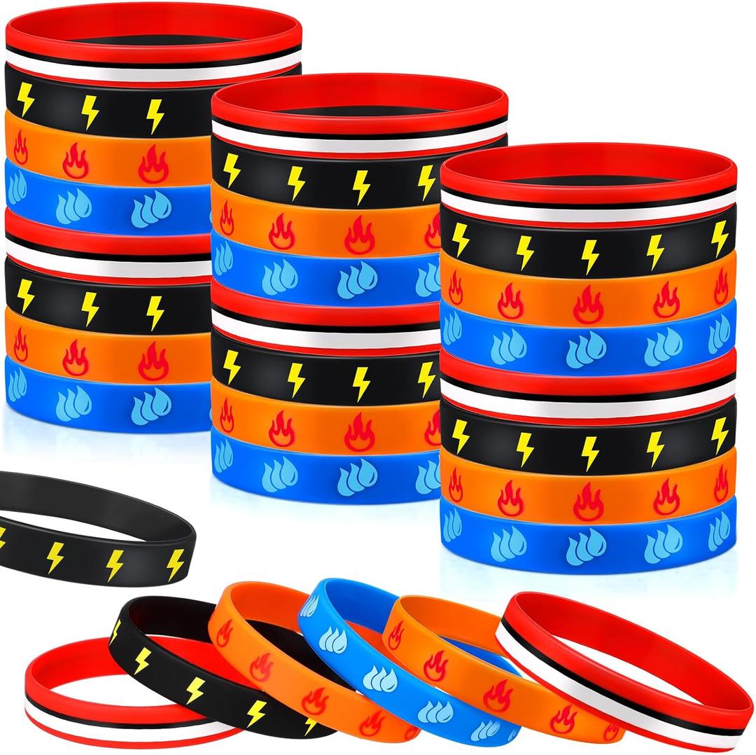 48 Pcs Cartoon Animation Party Favors Cartoon Animation Rubber Bracelet in 4 Styles Red Black Lightning Water Drip Flame Bolt Pattern Bracelet Silicone Wristband for Birthday Party Supplies