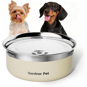 Gardner Pet Slow Water Bowl for Dogs, 2L/68oz Spill-Proof Pet Water Bowl with Floating Disk, Stainless Steel No-Spill Water Dispenser for Medium Pets (White)