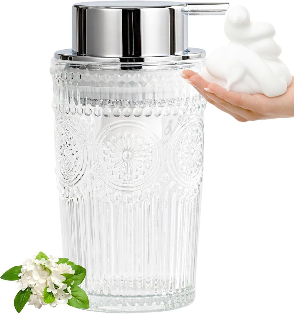 Glass Foaming Soap Dispenser - Foam Hand Soap Dispenser Bathroom, 10 OZ Clear Refillable Liquid Dispenser for Kitchen Dish Dispenser Foam Pump Silver
