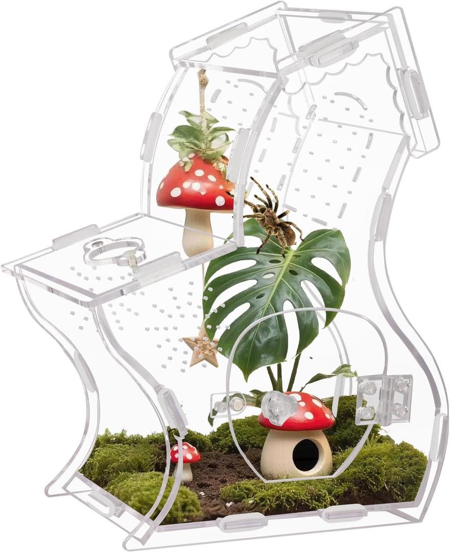 Premium 3mm Acrylic Terrarium for Jumping Spiders & Tarantulas | 5.9"x9.4"x3.5" Tall Arboreal Enclosure with Magnetic Doors & 1mm Micro-Vents | Escape-Proof Habitat for Mantis, Reptiles, Frogs