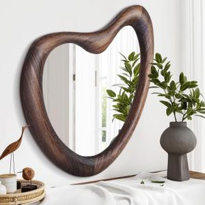 Irregular Wall Mirror, 28"x20" Asymmetrical Wood Mirrors, Modern Wood Frame Unique Shape Wall Mounted Vanity Artistic Mirror Decorative for Living Room Bedroom Bathroom Entryway Large (Rustic Brown)