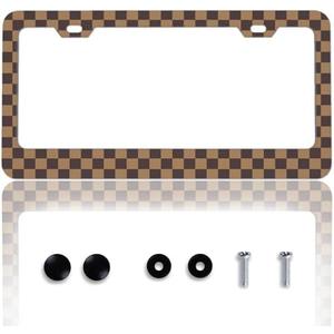 Brown and Khaki Checkerboard License Plate Frame Brown Checkered License Plate Holder for Car Accessories for Car Decor Fits Standard Us Vehicles Size 12 x 6 Inches