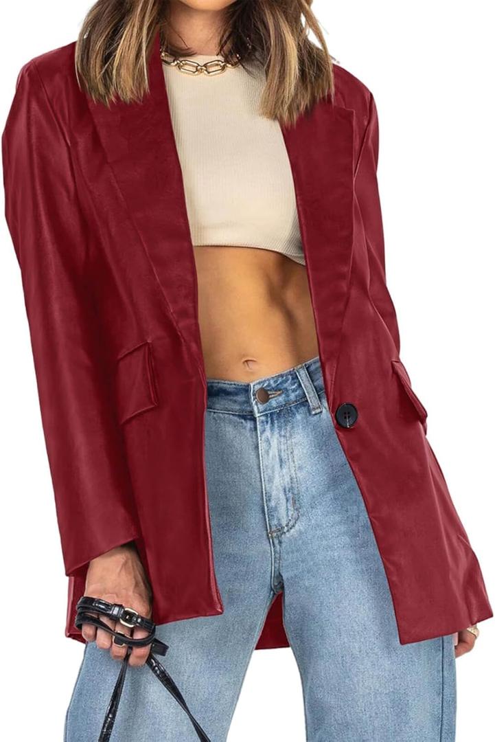 Pepochic Womens Oversized Faux Leather Jacket Long Sleeve Blazer Lapel | Button Down, Shacket Coat, with Pockets (Red)