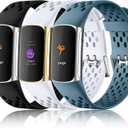 Maledan Compatible with Fitbit Charge 5/ Fitbit Charge 6 Bands Women Men, Breathable Sport Band Soft Waterproof Replacement Wristbands Strap for Fitbit Charge 5/ Charge 6 Advanced Fitness Tracker (White/ Black/ Steel Blue)