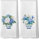 Chinoiserie Vase Floral Kitchen Dish Towels Set of 2, Blue and White Porcelain Hydrangea Gifts for Women, Spring Flower Hand Towels Kitchen Bathroom Tea Towels Decorations, 16x24inch (Color03)