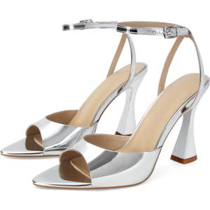 Womens Heeled Sandals Ankle Strap Pointed Toe Sandals Summer Dress Party Shoes, Size 11 (Silver)