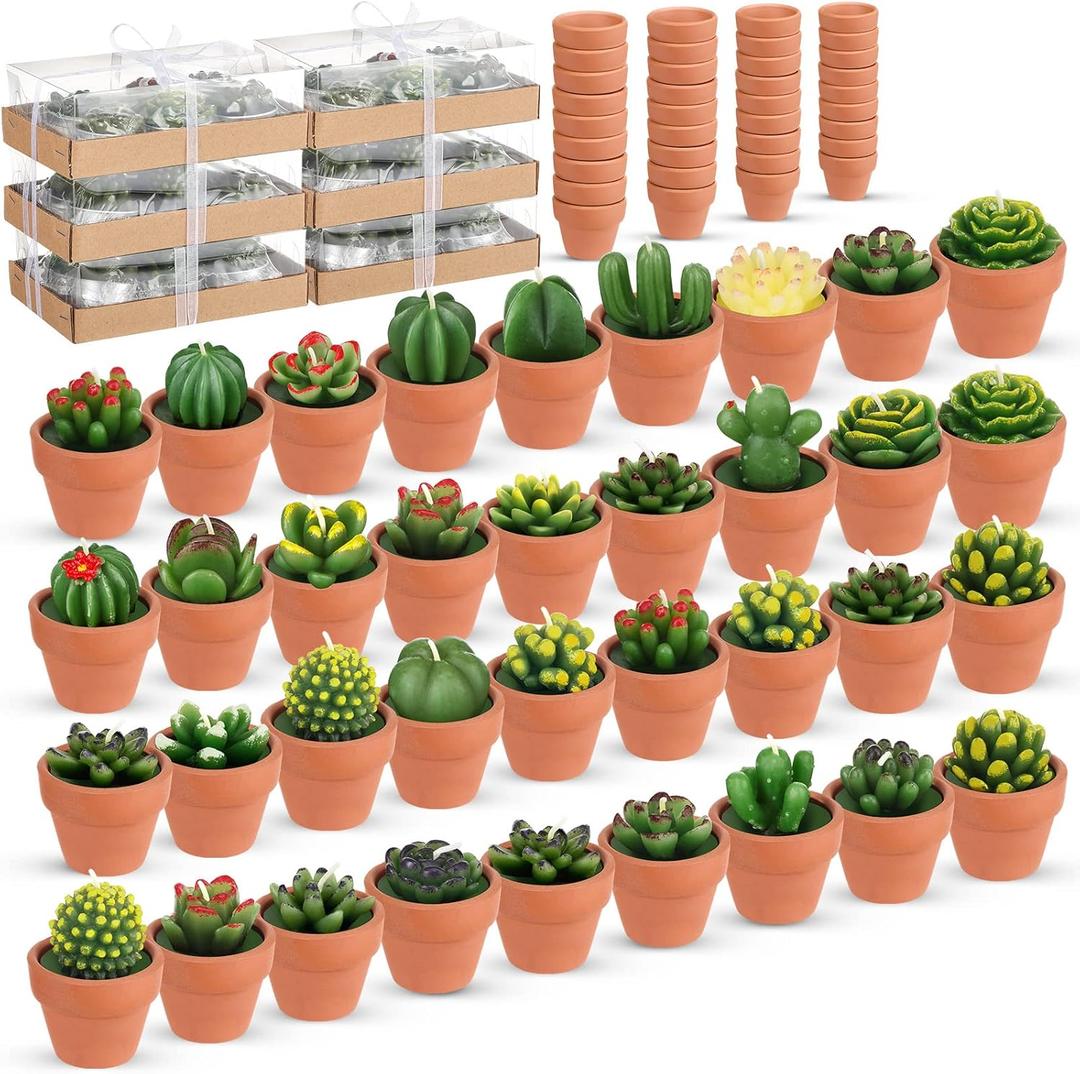 Shihanee 36 Pcs Bulk Decorative Succulent Cactus Tealight Candle Set Handmade Mini Terracotta Clay Holders for Cielito Lindo Baby Shower Wedding Dia De Los Muertos Mexican Party Decorations(Red)