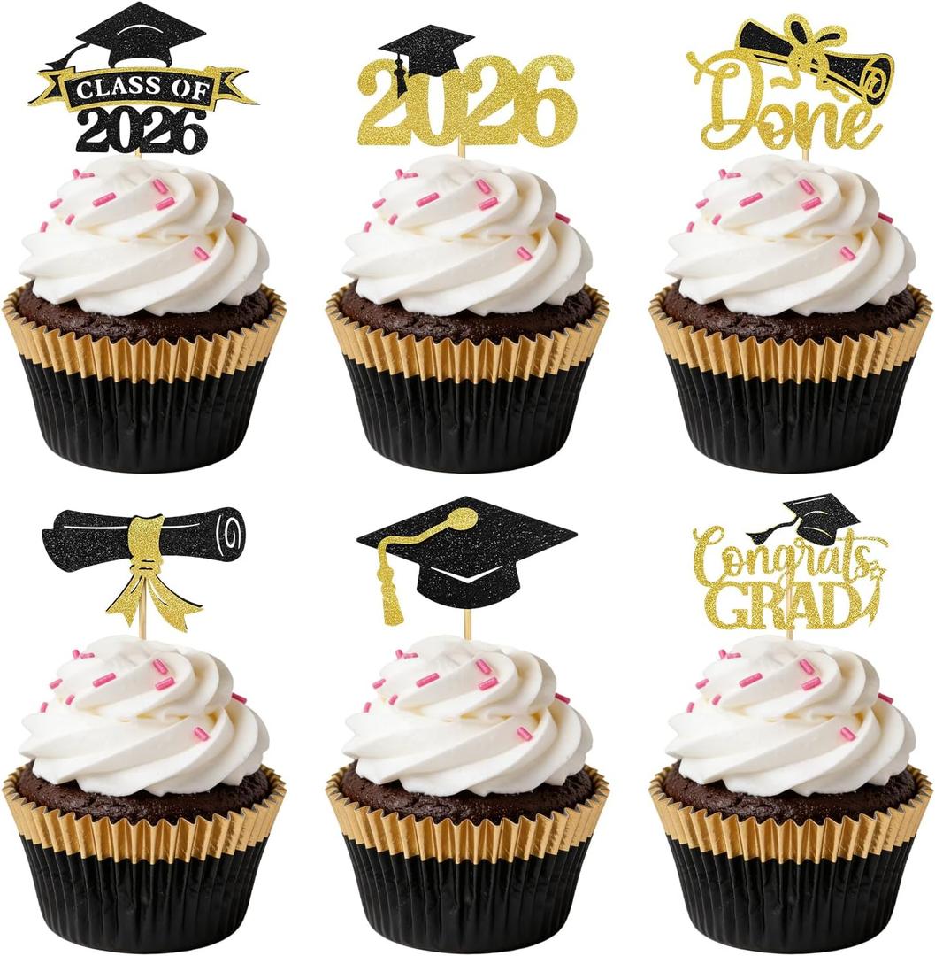 AXEN 48Pcs 2026 Graduation Cupcake Toppers, Class of 2026 Cupcake Topper Graduation Party Decorations Supplies - Black&Gold