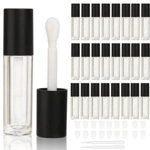 COSIDEA 24 pcs Empty 5ml big brush lip gloss tube black round lipgloss tubes container with big doe foot wand cosmetic packing containers (Clear bottle)