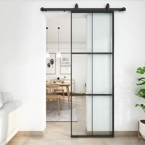 JUBEST 28in x 84in Glass Sliding Barn Door with 5ft Hardware kit, 3-Panel Black Aluminum Frame and Clear Tempered Glass Modern French Door, Easy to Install