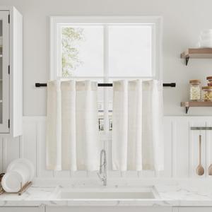 Nanspring Cream Linen Kitchen Curtains 24 Inch Length Tier Ticking Stripe Small Drapes for Living Room Bathroom Cafe Small Window Rustic Light Filtering Flax Back Tab Rod Pocket 2 Panels 18Wx24L (Natural)