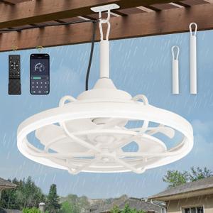 Outdoor Ceiling Fans with Light for Patios, 20" Weatherproof Plug in Ceiling Fan, Gazebo Fan Remote&APP Control, 3CCT Dimmable,Caged Ceiling Fan with Hanging Hook for Porch, Pergola,Canopy (White)