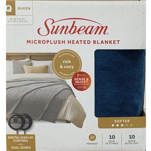 Sunbeam Microplush Queen Electric Heated Blanket with Preheat Feature Two Digital Controller 10-Heat Settings Auto Shut-Off , UL Certified for Safety, Legion Blue, King