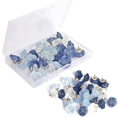 30 Pcs Flower Push Pins Cute Rose Decorative Push Pin for Cork Board Clear Blue Floral Thumb Tacks for Wall Bulletin Board Travel Map or Photo Floret Tacks Home Office Supplies Accessories