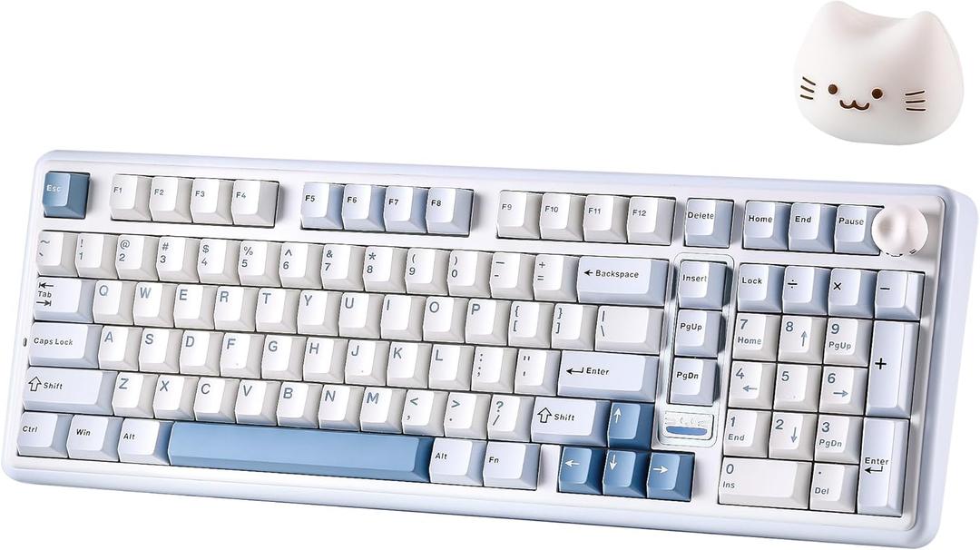 YUNZII B98 PRO QMK/VIA Wireless Mechanical Gaming Keyboard, 96% Layout with Numpad and Cute Cat Knob, BT/2.4G/USB-C, Pre-Lubed Switch Hot Swap Gasket, RGB for Win/Mac (Blue, Candy Linear Switch)
