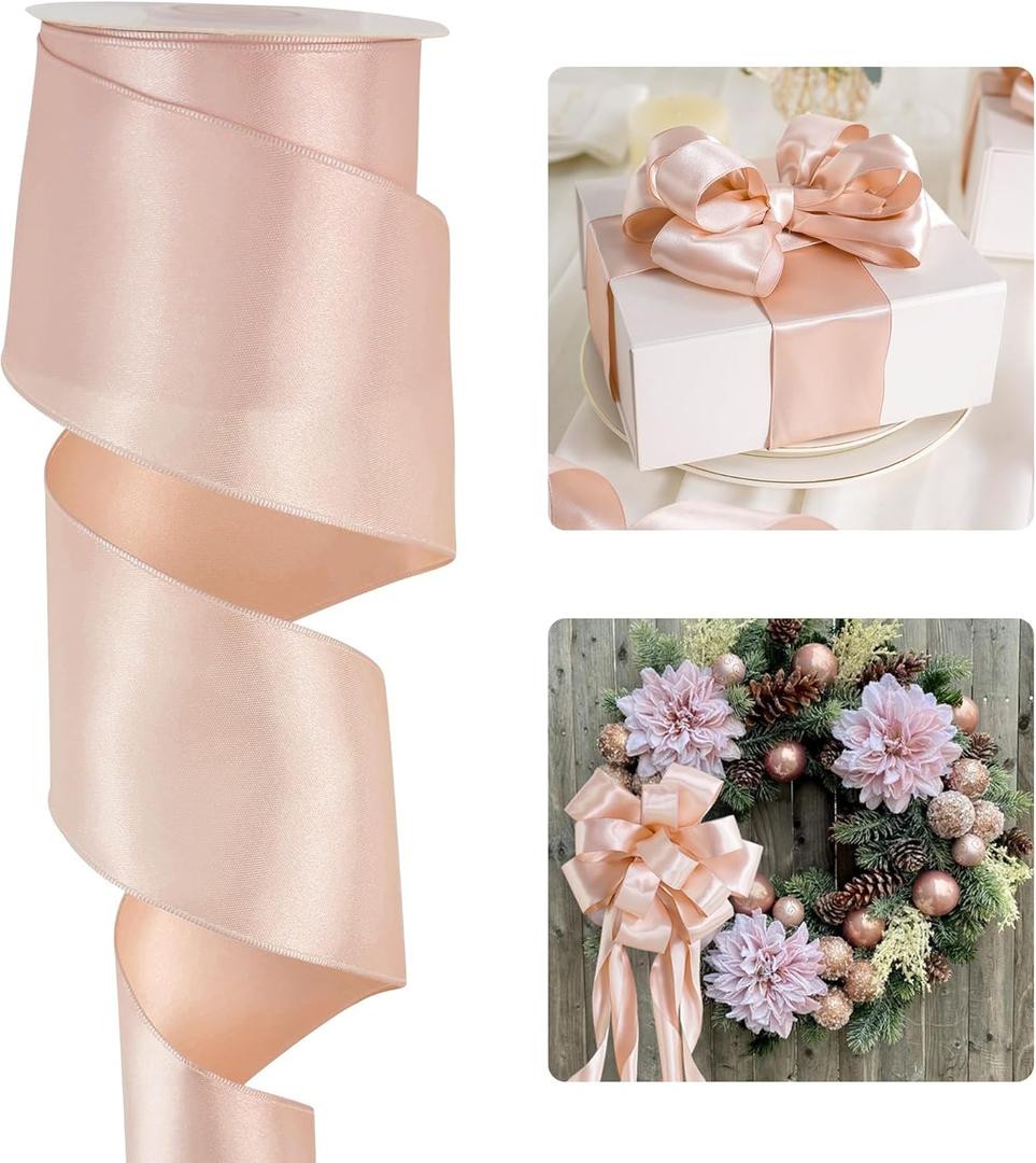 HUIHUANG Satin Wired Ribbon 2.5 inch Rose Gold Wire Edge Ribbon for Wreaths, Bows, Gift Wrapping, Garland, Wedding Decorations, Home Decor, Christmas Tree-Continous 10 Yards