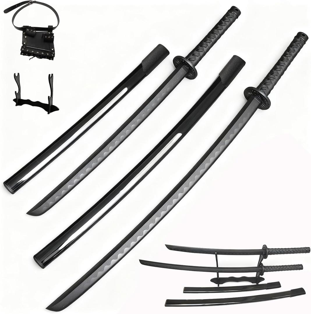 2PCS Polypropylene Plastic Training Martial SwordBlack Practice Katana Sword with SheathTraining Katana for Practicewith Belt and Stand