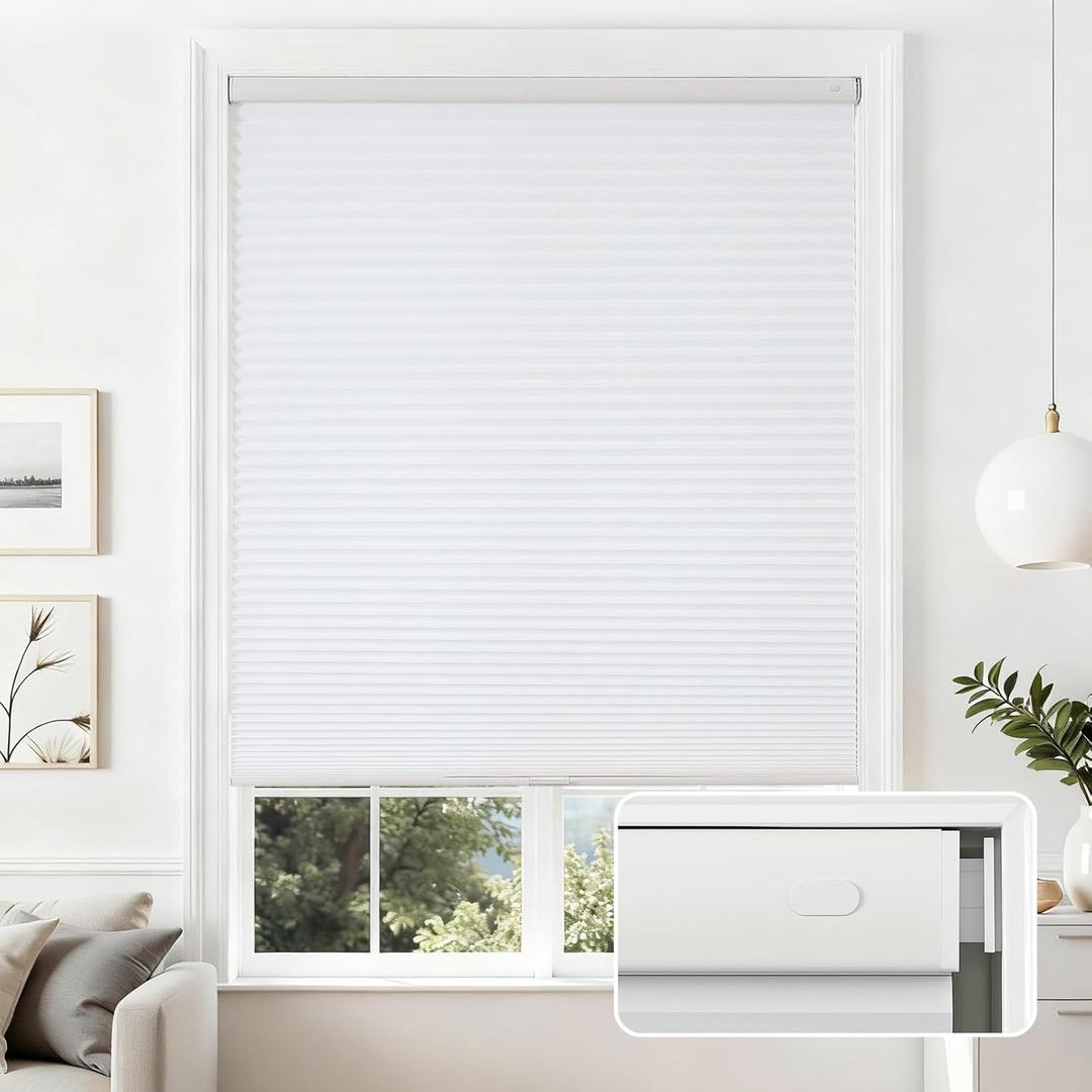 Joydeco No Tools No Drill Cordless Cellular Shades, Light Filtering Honeycomb Blinds for Indoor Windows, Thermal Insulating & Noise Reducing (White, 25" W x 64" H)