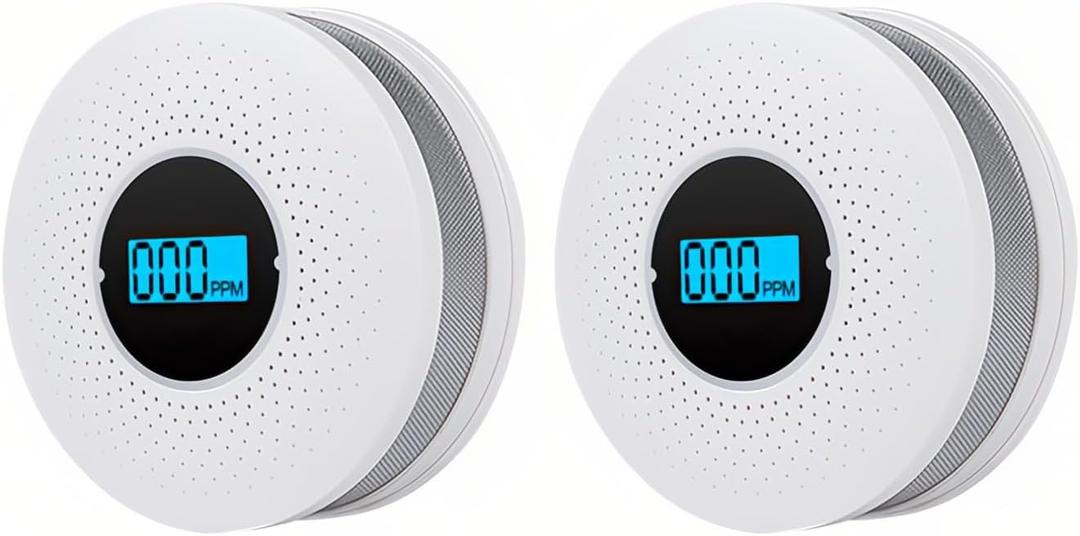 2 Packs CO and Smoke Fire Alarm Combo with LCD Display Battery Operated for Home 2 in 1 Carbon Monoxide and Smoke Detector with Light Sound Warning Easy to Install Travel Portable, Exp Date: 10 Years After Installation