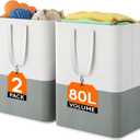 Lifewit 2 x 80L Laundry Hamper, Freestanding Laundry Basket with Handles, Waterproof Tall Collapsible Clothes Hamper for Laundry Dorm Bedroom Bathroom, Dark-Light