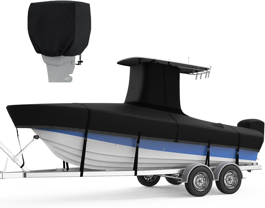 RVMasking Upgraded 1200D T-Top Boat Cover 100% Waterproof Heavy Duty Tear-Resistant Polyester with Motor Cover for Center Console Boat with T TOP Roof, 17'-19' Long Beam Width up to 102", Black