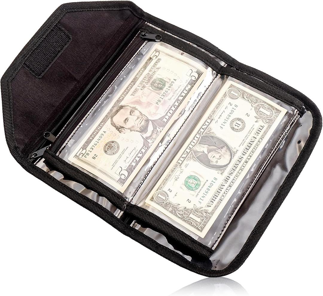 Money Wallet Organizer - 6 Zippered Pouch Multipack, Cash Envelopes for Budgeting and Savings (Black)