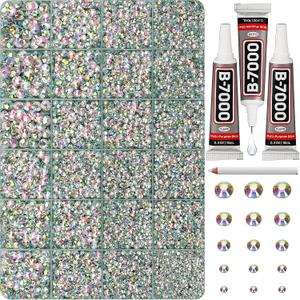 33000Pcs Crystal AB Iridescent Rhinestones for Bedazzling, Bedazzler Kit with Flatback Craft Rhinestones AB Crystal Bulk and B7000 Glue, 2,3,4,5,6mm Resin Flat Back Jewels for Craftings Clothes Nails