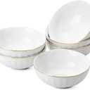 Brew To A Tea BTaT- Soup Bowls, Set of 6, 16 Ounces, White Porcelain with Gold Trim, Bowls for Kitchen, Kitchen Bowls, Salad Bowls, White Bowls, White Cereal Bowls, Breakfast Bowls, Bowl Set