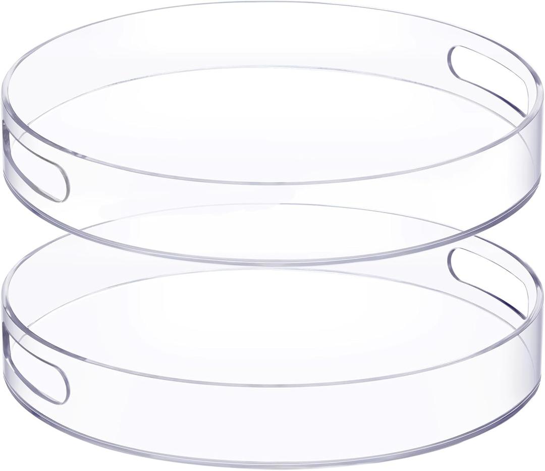 2 Pcs 12 Inch Acrylic Round Tray with Handles Sturdy Clear Round Serving Decorative Circle Tray for Kitchen Bathroom Vanity Coffee Table Ottoman Food Tea Snacks
