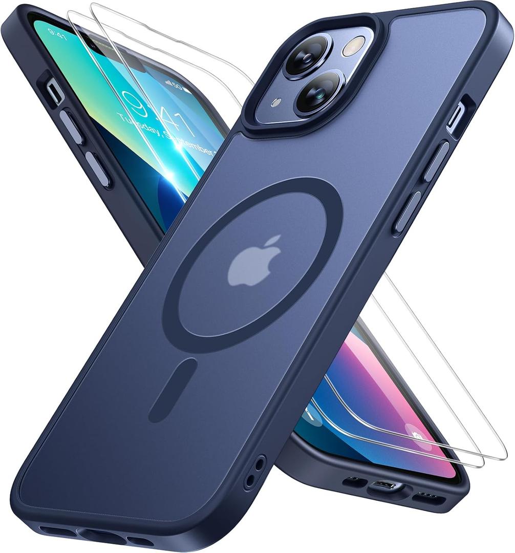 Miracase Magnetic for iPhone 13 Case 6.1 inch (Compatible with MagSafe)with 2X Screen Protectors Military-Grade Protection, Anti-Fingerprint Translucent Matte Phone Case Cover, Dark Blue