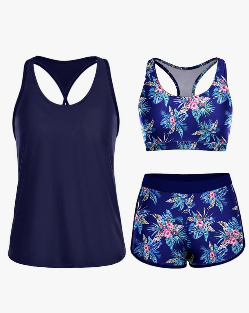 Yonique 3 Piece Athletic Tankini Swimsuits for Women with Shorts Swim Tank Tops with Sports Bra and Boyshorts Bathing Suits XS