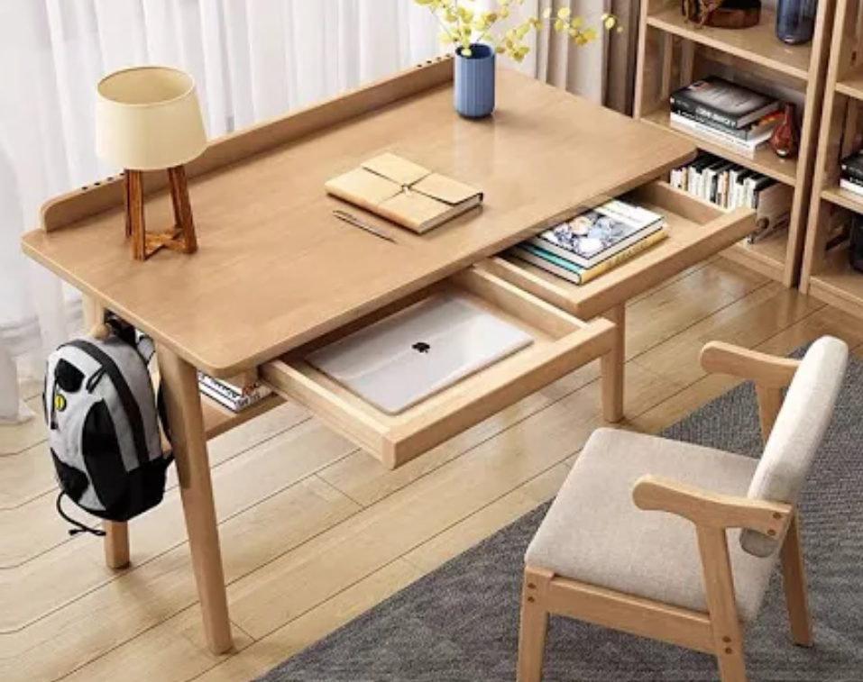 Solid Wood Study Table with Drawer - Nordic Style for Home Office, Easy Assembly, Durable Desktop
