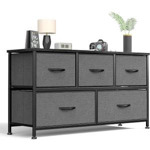 Sweetcrispy Dresser for Bedroom 5 Fabric Drawers Dresser Clothes Cabinet Storage Organizers and Wood Top Surface Table for TV, Chest of Drawers for Bedroom, Living Room, Hallway, Porch Organization