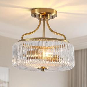 11.4" Semi Flush Mount Ceiling Light,2 Lights Modern Gold Ceiling Light Fixture Chandelier with Glass Shade,Gold Drum Ceiling Lighting Fixtures for Dining Room Hallway Entryway Bedroom Foyer