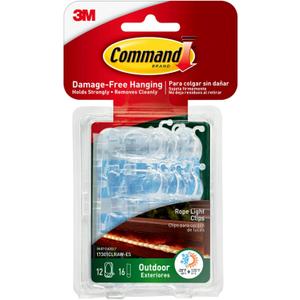 Command Outdoor Rope Light Clips, 12 Hooks and 16 Command Strips, Damage Free Hanging Christmas Decorations with Weather Resistant Strips, Wall Clips for Hanging Outdoor Lights and Cable Management