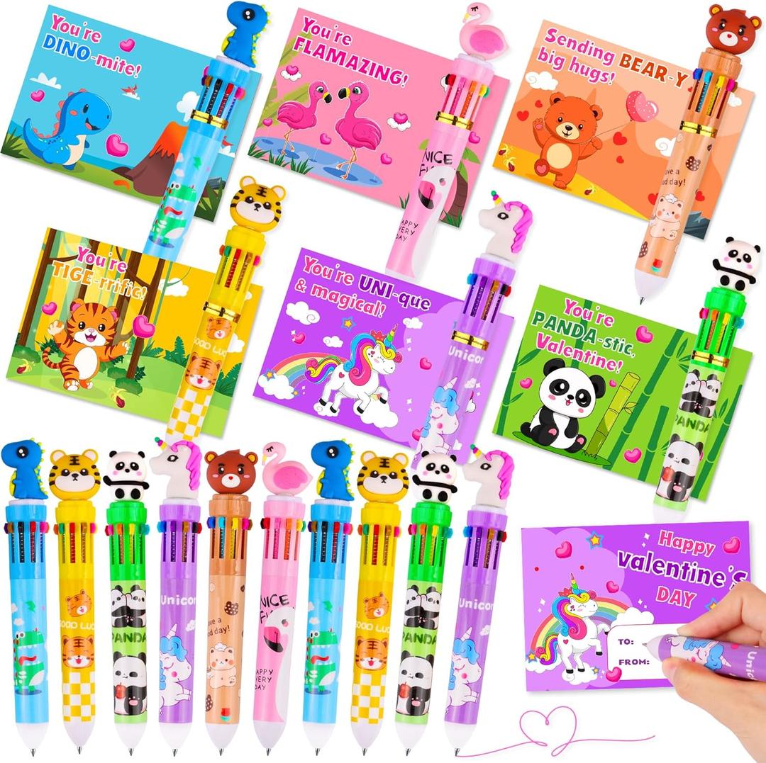 24 Pack Valentines Day Gifts for Kids Classroom 10-in-1 Multicolor Ballpoint Pens with Valentines Cards for Kids School, Valentines for Kids Classroom Class Exchange Gifts Party Favors for Boys Girls