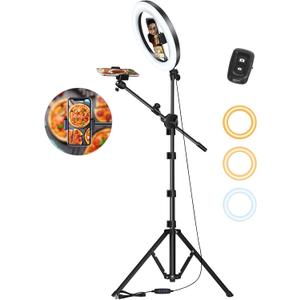 LUXSURE Ring Light with Stand for Phones, Tripod with Ring Light for iPhone, Overhead Phone Mount 10.5" with Phones Stand and Remote, Phone Tripod with Light for Video Recording/Live Stream/Cooking (Black)