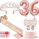 36th Birthday Decorations for Women, Including 36th Birthday Sash and Tiara, Cake Topper and Candles, Number Balloons, 36 Year Old Gifts for Women