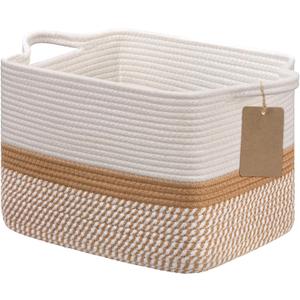 Goodpick Woven Storage Baskets for Organizing, Rectangle Cotton Rope Basket for Dog Toys Books Magazines, Stylish Gift Basket for Living Room Home Decor, 13" x 10" x 9", White & Camel Mix
