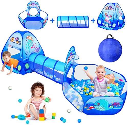 PigPigPen 3 in 1 Kids Play Tent with Tunnel, Ball Pit, Basketball Hoop for Boys & Girls, Toddler Pop Up Playhouse Toy Baby Indoor/Outdoor, Gift Year Old Child (3 Tent), One Size