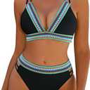 Blooming Jelly Womens High Waisted Bikini Sets Color Block Two Piece Swimsuit V Neck Crisscross Back Bathing Suit (Medium, Black)