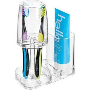 mDesign Modern Plastic Bathroom Vanity Countertop Toothpaste & Toothbrush Holder Stand with Rinsing Cup/Cover - Dental Center Holds Electric Toothbrushes - Clear